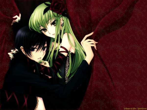 Anime picture 1024x768 with code geass sunrise (studio) c.c. lelouch lamperouge long hair fringe short hair open mouth black hair purple eyes yellow eyes green hair couple girl boy flower (flowers) ribbon (ribbons) earrings rose (roses) curtains