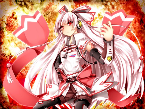 Anime picture 1600x1200 with touhou fujiwara no mokou kazetto (kazetsuto) single long hair fringe red eyes looking away white hair hand on hip adapted costume girl bow hair bow detached sleeves pantyhose shorts headphones