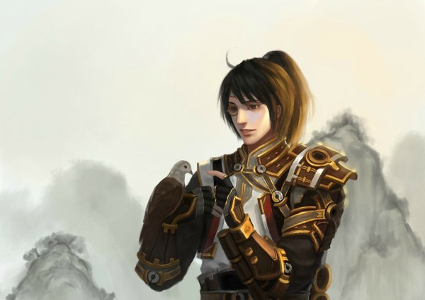 Anime picture 1200x849 with piaoluo de fei yu single long hair brown hair brown eyes ponytail boy gloves animal armor fingerless gloves bird (birds) monocle falcon
