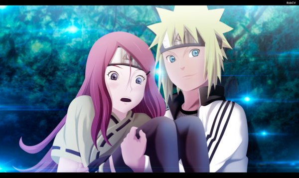 Anime picture 2100x1251 with naruto studio pierrot naruto (series) namikaze minato uzumaki kushina robcv long hair blush highres short hair open mouth blue eyes blonde hair smile wide image purple eyes holding red hair traditional clothes japanese clothes
