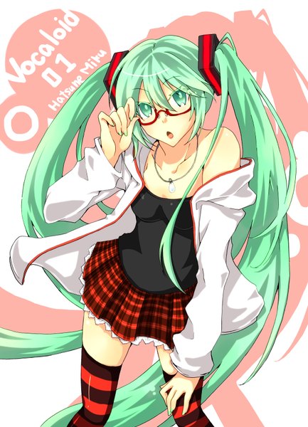 Anime picture 2532x3504 with vocaloid kocchi muite baby (vocaloid) hatsune miku single long hair tall image highres open mouth twintails very long hair nail polish aqua eyes aqua hair girl thighhighs glasses jewelry