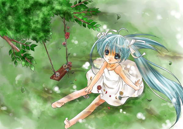 Anime picture 2000x1414 with vocaloid hatsune miku highres blue eyes smile twintails very long hair barefoot aqua hair loli girl dress flower (flowers) plant (plants) petals tree (trees) white dress grass short dress sundress