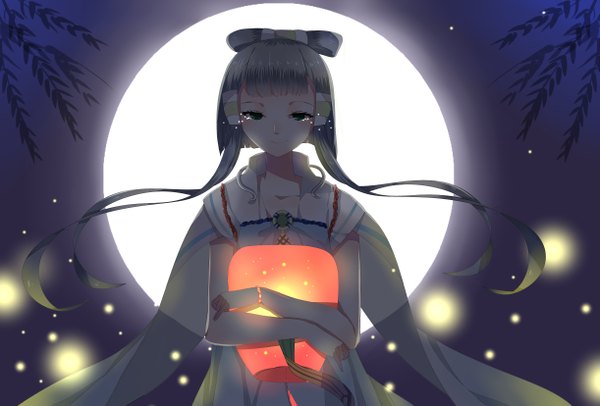 Anime picture 4881x3307 with vocaloid tadatsu single long hair looking at viewer highres smile green eyes absurdres silver hair night tears girl dress hair ornament moon
