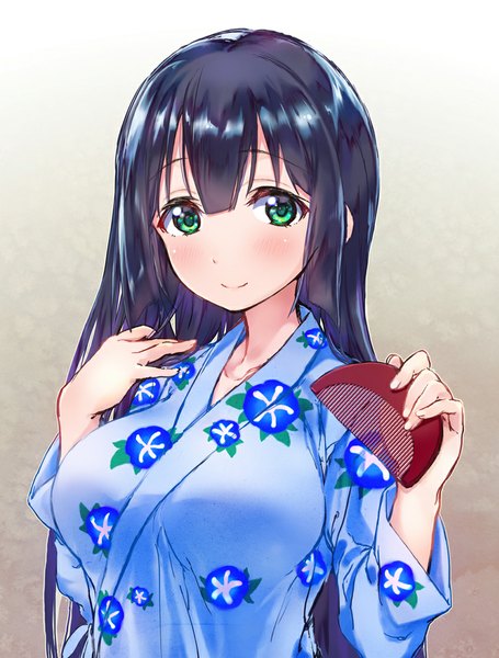 Anime picture 847x1116 with yuusha de aru yuuki yuuna wa yuusha de aru tougou mimori tsujigiri (artist) single long hair tall image looking at viewer blush fringe breasts black hair smile large breasts holding green eyes traditional clothes japanese clothes floral print adjusting hair