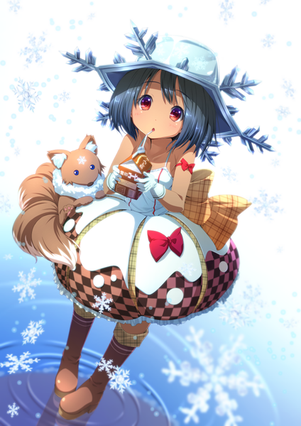 Anime picture 707x1000 with original ryosios single tall image looking at viewer short hair black hair red eyes dutch angle ripples girl dress gloves bow hat animal boots snowflake (snowflakes)