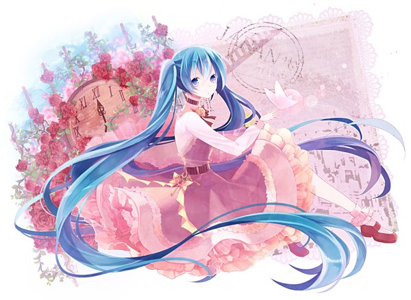 Anime picture 1607x1175 with vocaloid hatsune miku t miyanagi single looking at viewer blue eyes sitting twintails blue hair long sleeves very long hair inscription butterfly on hand girl dress flower (flowers) ribbon (ribbons) choker socks shoes