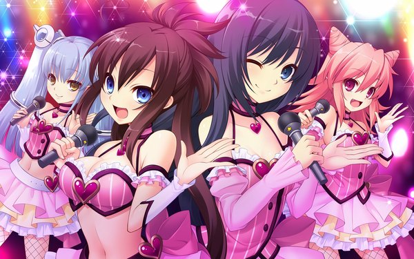 Anime picture 1920x1200 with chu x chu idol 2 prismatic princess union stars nakauchi chiyu takamachi yukino ruuchu astram long hair highres open mouth blue eyes black hair smile red eyes wide image twintails bare shoulders multiple girls yellow eyes blue hair pink hair game cg