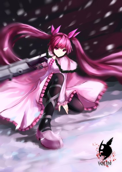 Anime picture 1131x1600 with akame ga kill! white fox mine (akame ga kill!) ero usagi single long hair tall image looking at viewer fringe twintails holding pink hair head tilt wind blurry night snowing winter snow girl