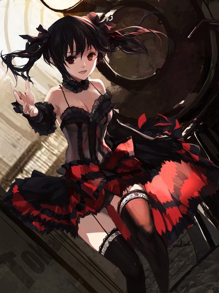 Anime picture 1417x1889 with date a live tokisaki kurumi swd3e2 single long hair tall image looking at viewer open mouth light erotic black hair red eyes signed yellow eyes character names heterochromia outstretched arm uneven twintails girl thighhighs dress