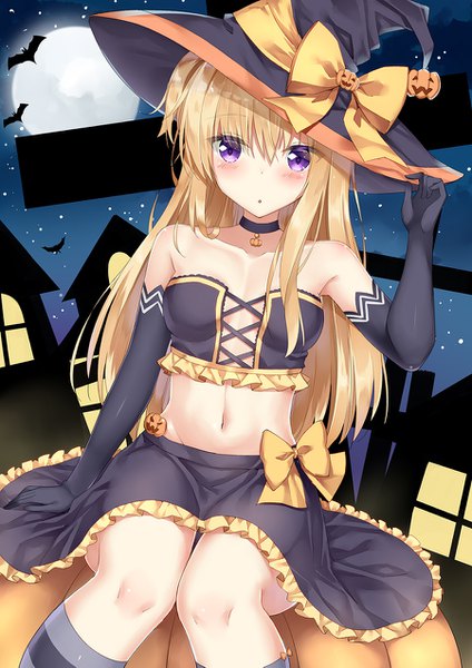 Anime picture 900x1273 with original rong yi tan single long hair tall image looking at viewer fringe breasts open mouth light erotic blonde hair hair between eyes sitting purple eyes bare shoulders cleavage night arm support :o midriff