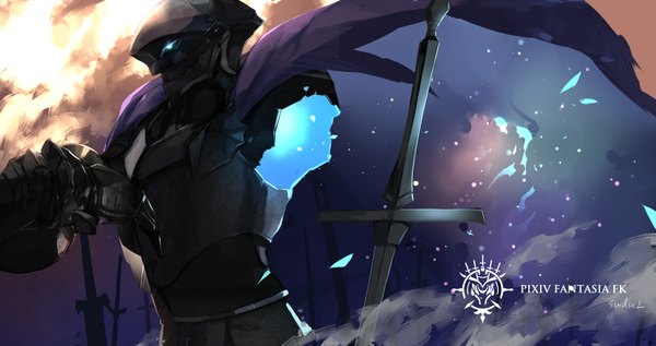 Anime picture 2141x1133 with original pixiv fantasia pixiv fantasia fallen kings swd3e2 single highres wide image signed inscription glowing glowing eye (eyes) logo knight weapon sword armor cape