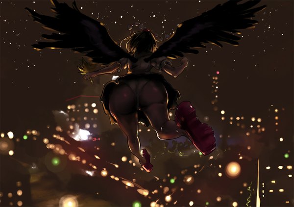 Anime picture 1488x1049 with touhou shameimaru aya erinerin99 single short hair light erotic sky ass from behind night back city light cityscape flying city lights girl skirt underwear panties