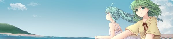 Anime picture 3320x767 with vocaloid hatsune miku gumi chimuchimu (drowandpaint) long hair highres short hair blue eyes wide image twintails multiple girls green eyes sky cloud (clouds) profile green hair wind aqua hair girl dress