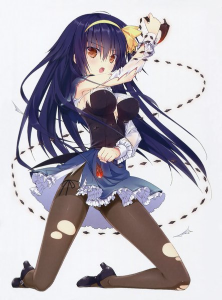 Anime picture 2614x3534 with absolute duo 8bit tachibana tomoe asaba yuu single long hair tall image looking at viewer blush highres open mouth light erotic brown eyes blue hair cleavage erect nipples kneeling torn clothes covered nipples torn pantyhose