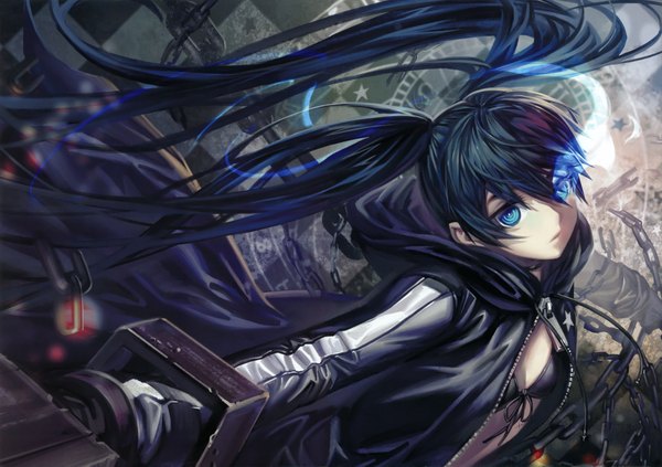 Anime picture 4283x3025 with black rock shooter black rock shooter (character) alphonse (white datura) single long hair highres blue eyes black hair twintails absurdres very long hair glowing scar glowing eye (eyes) checkered background girl chain cloak coat bikini top