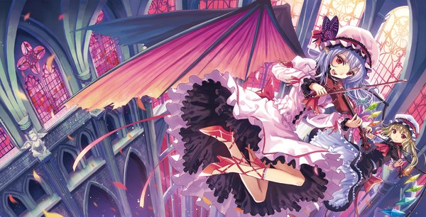 Anime picture 1500x767 with touhou flandre scarlet remilia scarlet kichiroku open mouth blonde hair red eyes wide image multiple girls blue hair bat wings girl dress 2 girls petals wings musical instrument violin bow (instrument)