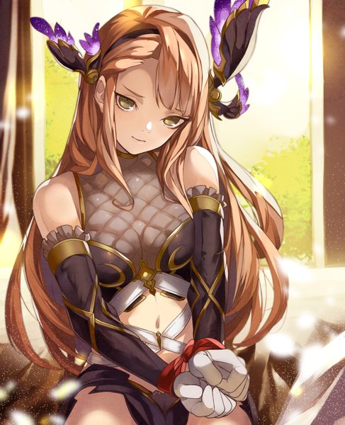 Anime picture 813x1000 with granblue fantasy song (granblue fantasy) eredhen single long hair tall image fringe breasts light erotic brown hair sitting bare shoulders brown eyes looking away bound hands girl gloves navel hair ornament detached sleeves