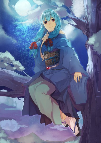 Anime picture 1200x1697 with original kagematsuri single long hair tall image looking at viewer red eyes blue hair cloud (clouds) traditional clothes japanese clothes night girl plant (plants) tree (trees) kimono moon obi
