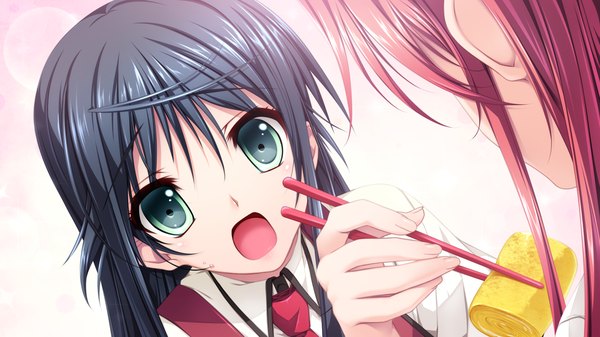 Anime picture 1280x720 with koisuru otome to shugo no tate yamada taeko masaki riri long hair open mouth blue eyes black hair wide image game cg red hair otoko no ko girl boy uniform school uniform food omelet tamagoyaki