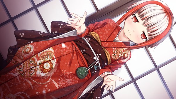 Anime picture 2560x1440 with monobeno sumi (monobeno) cura blush highres short hair red eyes wide image game cg japanese clothes multicolored hair loli girl kimono obi