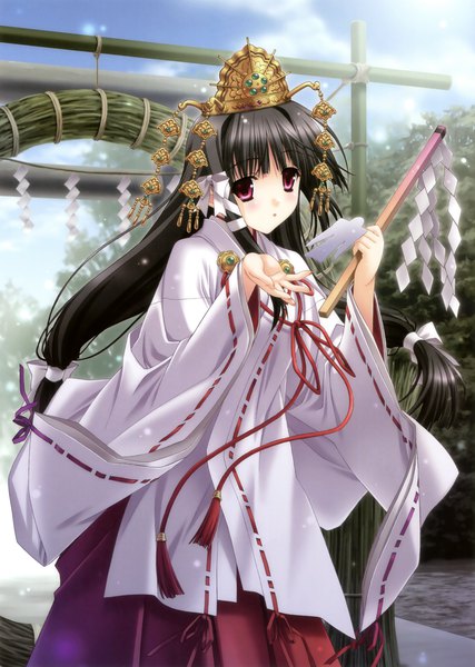 Anime picture 2489x3500 with original kimizuka aoi single long hair tall image blush highres black hair red eyes looking away traditional clothes japanese clothes scan official art miko girl hair ornament hakama gohei chihaya (clothing)