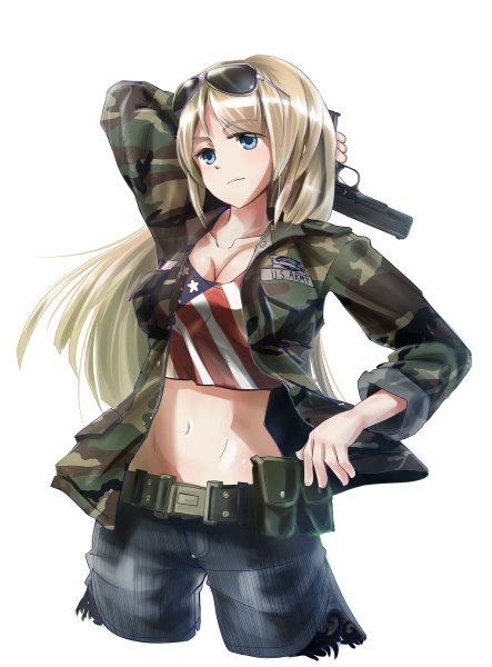 Anime picture 886x1200 with original tc1995 single long hair tall image blue eyes simple background blonde hair white background open clothes open jacket bare belly midriff sunglasses on head twisty sleeves military flag print army camouflage girl