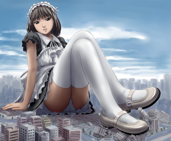 Anime picture 1369x1128 with original manzi short hair light erotic black hair black eyes maid city pantyshot sitting ruins giant girl thighhighs underwear panties white thighhighs headdress maid headdress