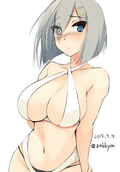 Anime picture 700x1000 with kantai collection hamakaze destroyer zekkyon single tall image looking at viewer blush fringe short hair breasts blue eyes light erotic simple background large breasts white background bare shoulders signed grey hair hair over one eye bare belly