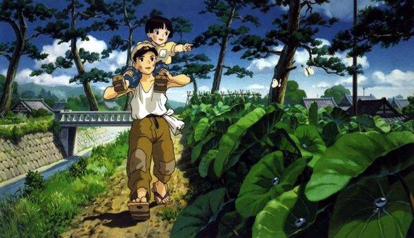 Anime picture 1280x737 with grave of the fireflies studio ghibli setsuko (grave of the fireflies) seita (grave of the fireflies) short hair black hair wide image looking away sky cloud (clouds) river carrying shoulder carry girl boy plant (plants) tree (trees) leaf (leaves) insect building (buildings)