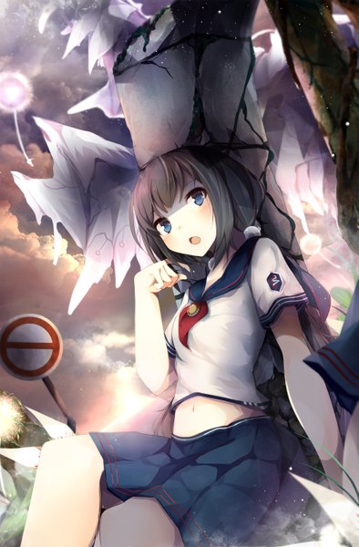 Anime picture 1970x3000 with original benio (dontsugel) single tall image blush highres short hair open mouth blue eyes black hair looking away girl skirt navel serafuku traffic sign