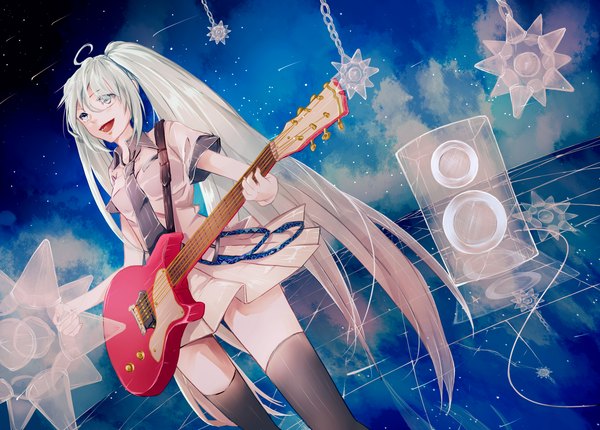 Anime picture 1940x1392 with vocaloid hatsune miku kawasaki saika long hair highres open mouth blue eyes twintails ahoge white hair girl thighhighs skirt black thighhighs miniskirt necktie star (stars) wire (wires) guitar speakers