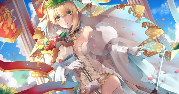 Anime picture 2800x1473 with fate (series) fate/extra fate/extra ccc nero claudius (fate) (all) nero claudius (fate) nero claudius (bride) (fate) ichinose rei single looking at viewer fringe highres short hair light erotic blonde hair hair between eyes wide image green eyes sky girl gloves