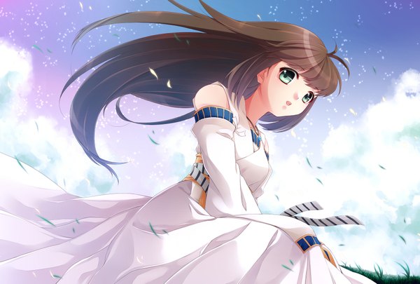 Anime picture 1748x1181 with original ho-cki single long hair looking at viewer highres open mouth blue eyes brown hair sky cloud (clouds) girl dress detached sleeves leaf (leaves)