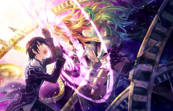 Anime picture 1400x900 with tales of (series) tales of xillia milla maxwell jude mathis long hair short hair open mouth black hair blonde hair yellow eyes couple destruction girl boy