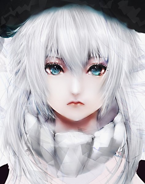 Anime picture 737x937 with kantai collection wo-class aircraft carrier magai akashi single long hair tall image looking at viewer fringe blue eyes simple background white background payot white hair lips realistic lipstick portrait face eyeshadow expressionless