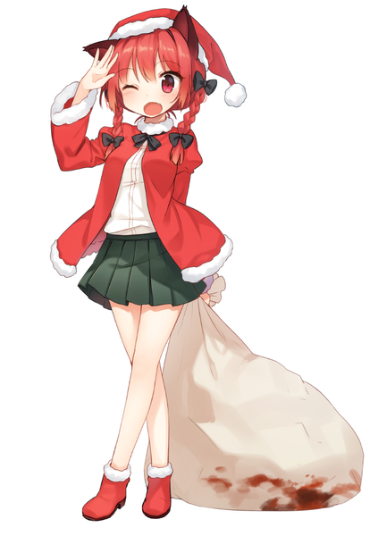 Anime picture 734x1040 with touhou kaenbyou rin shnva single long hair tall image blush fringe open mouth simple background red eyes standing white background animal ears red hair braid (braids) pleated skirt one eye closed wink cat ears