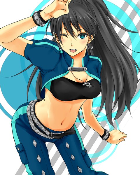 Anime picture 800x1000 with idolmaster ganaha hibiki aoyashio rin single long hair tall image looking at viewer blush open mouth blue eyes black hair ponytail one eye closed wink leaning leaning forward girl navel earrings bracelet