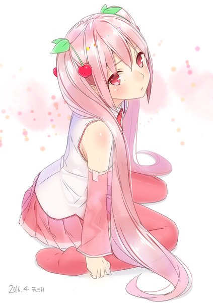 Anime picture 776x1100 with vocaloid hatsune miku sakura miku ama mitsuki single long hair tall image looking at viewer blush fringe simple background hair between eyes white background sitting twintails bare shoulders pink hair full body pink eyes dated