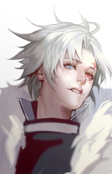 Anime picture 600x932 with d.gray-man allen walker kenny single tall image looking at viewer short hair simple background white background silver hair parted lips heterochromia facial mark portrait boy star (symbol) fur