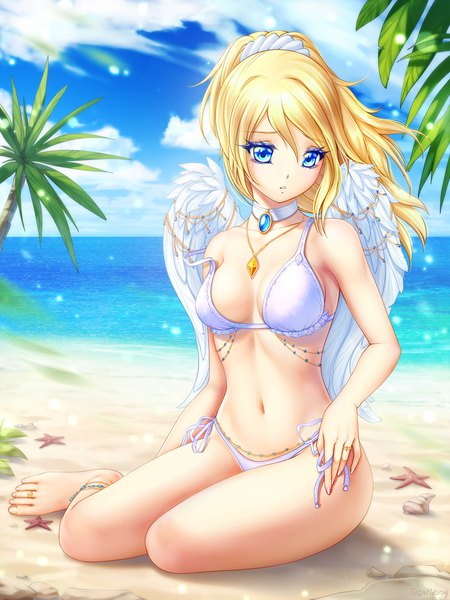 Anime picture 750x1000 with original gigamessy single long hair tall image blush fringe breasts blue eyes light erotic blonde hair hair between eyes sitting sky cloud (clouds) ponytail parted lips beach looking down strap slip