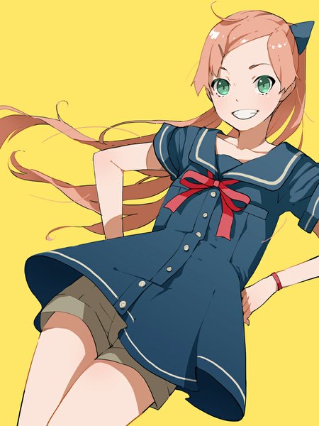 Anime picture 750x1000 with original doushimasho single long hair tall image looking at viewer simple background smile brown hair green eyes ahoge ponytail from below grin yellow background hands on hips girl bow hair bow shorts