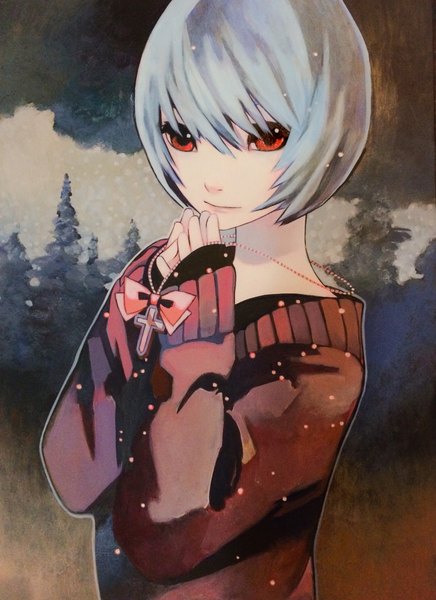Anime picture 1536x2110 with neon genesis evangelion gainax ayanami rei ootsuki kana single tall image looking at viewer fringe short hair red eyes standing blue hair snowing winter girl bow pendant sweater cross cross necklace