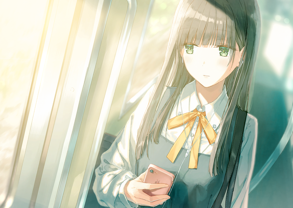 Anime picture 1369x975 with original hiten (hitenkei) single long hair blush fringe black hair standing green eyes looking away upper body blunt bangs long sleeves sunlight scan dutch angle expressionless revision girl uniform