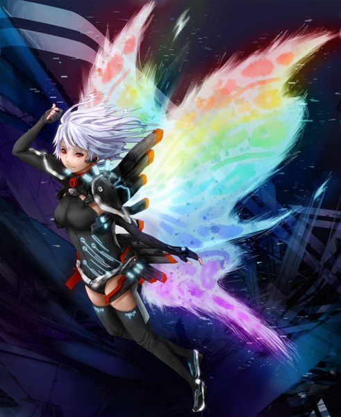 Anime picture 1636x2000 with original bokukaname single tall image fringe short hair breasts red eyes silver hair glowing flying insect wings butterfly wings girl wings bodysuit