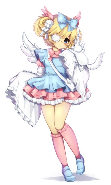 Anime picture 1661x2767 with midna01 single tall image blush fringe short hair blue eyes simple background blonde hair white background shadow girl dress bow hair bow animal wings socks shoes cat