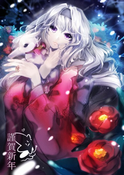 Anime picture 767x1086 with original noa (artist) single long hair tall image looking at viewer purple eyes white hair girl dress flower (flowers) animal petals bunny