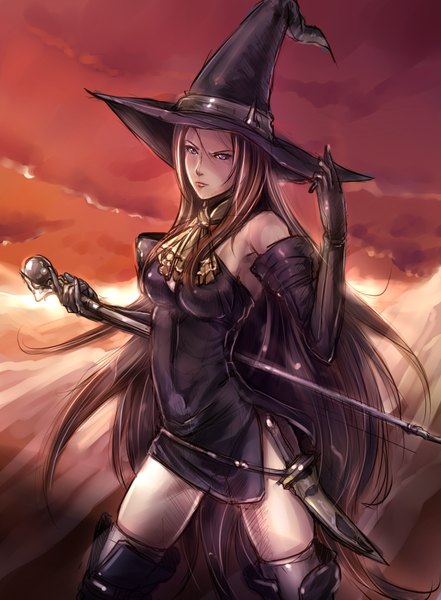 Anime picture 1456x1981 with tactics ogre witch (tactics ogre) kazeno long hair tall image brown hair purple eyes bare shoulders witch girl gloves elbow gloves witch hat staff knife