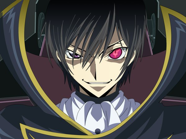 Anime picture 1600x1200 with code geass sunrise (studio) lelouch lamperouge single looking at viewer fringe short hair black hair upper body wallpaper vector evil grin boy