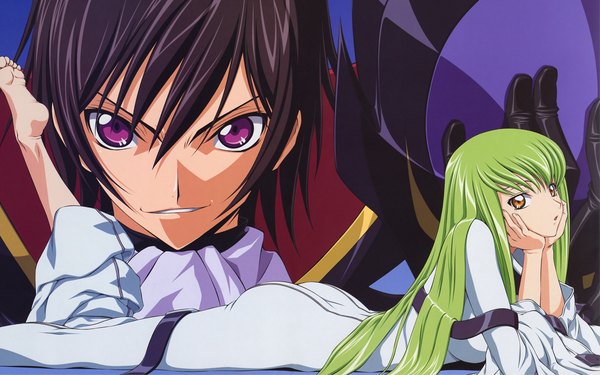 Anime picture 1280x800 with code geass sunrise (studio) c.c. lelouch lamperouge fukano youichi long hair looking at viewer fringe short hair brown hair wide image purple eyes yellow eyes lying parted lips green hair third-party edit cropped detexted girl