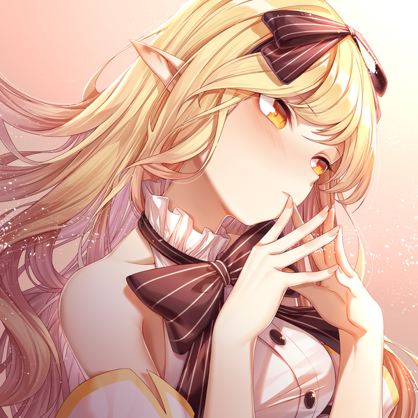 Anime picture 2480x2480 with original de da xianyu single long hair blush fringe highres breasts blonde hair simple background hair between eyes looking away upper body head tilt fingernails pointy ears orange eyes gradient background striped fingers together